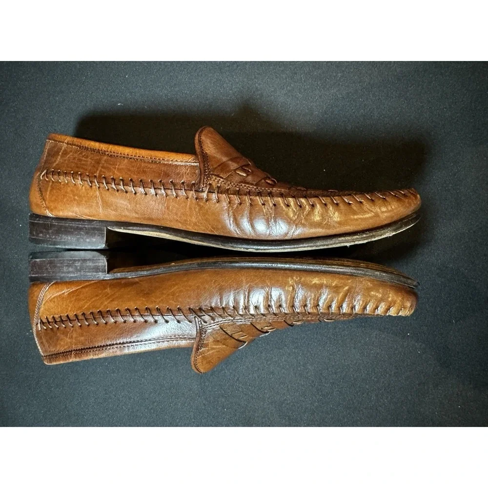 Vintage Florsheim Woven Leather Penny Loafers Brown Men's 8.5 D USA Style